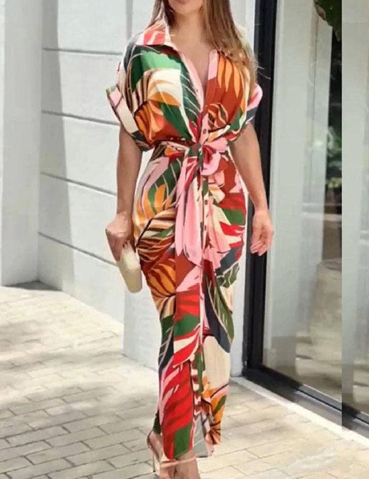 Buttoned Printed Tied Waist High Waisted Short Sleeves Lapel Shirt Dress Maxi Dresses