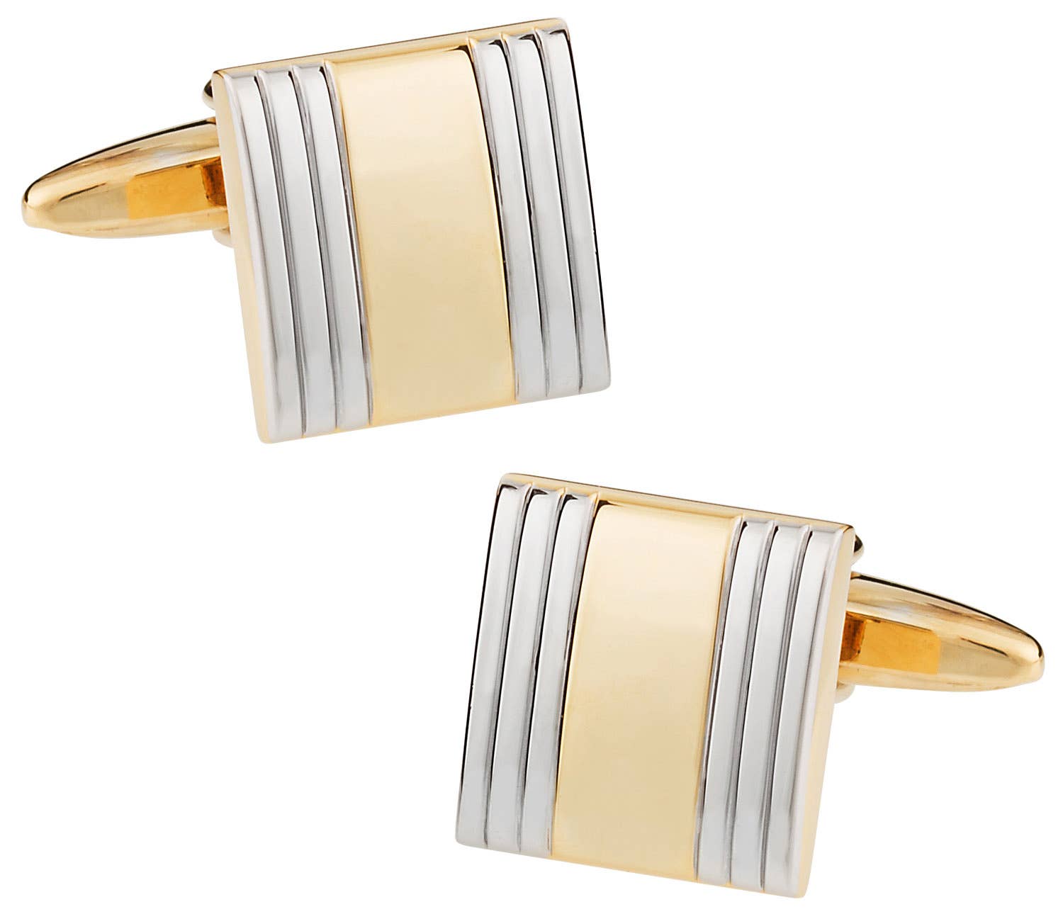 Gold and silver striped cufflinks on a white background