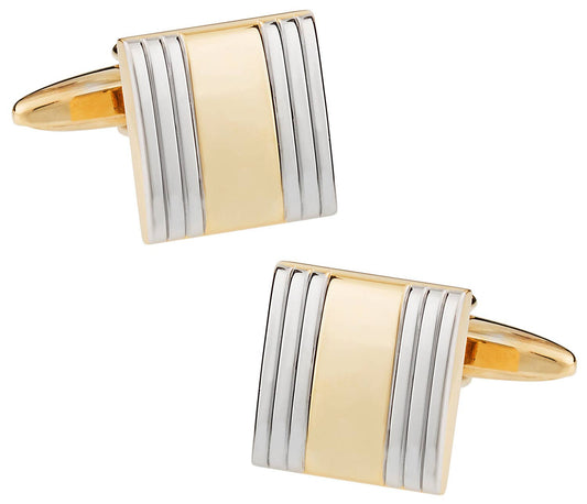 Gold and silver striped cufflinks on a white background