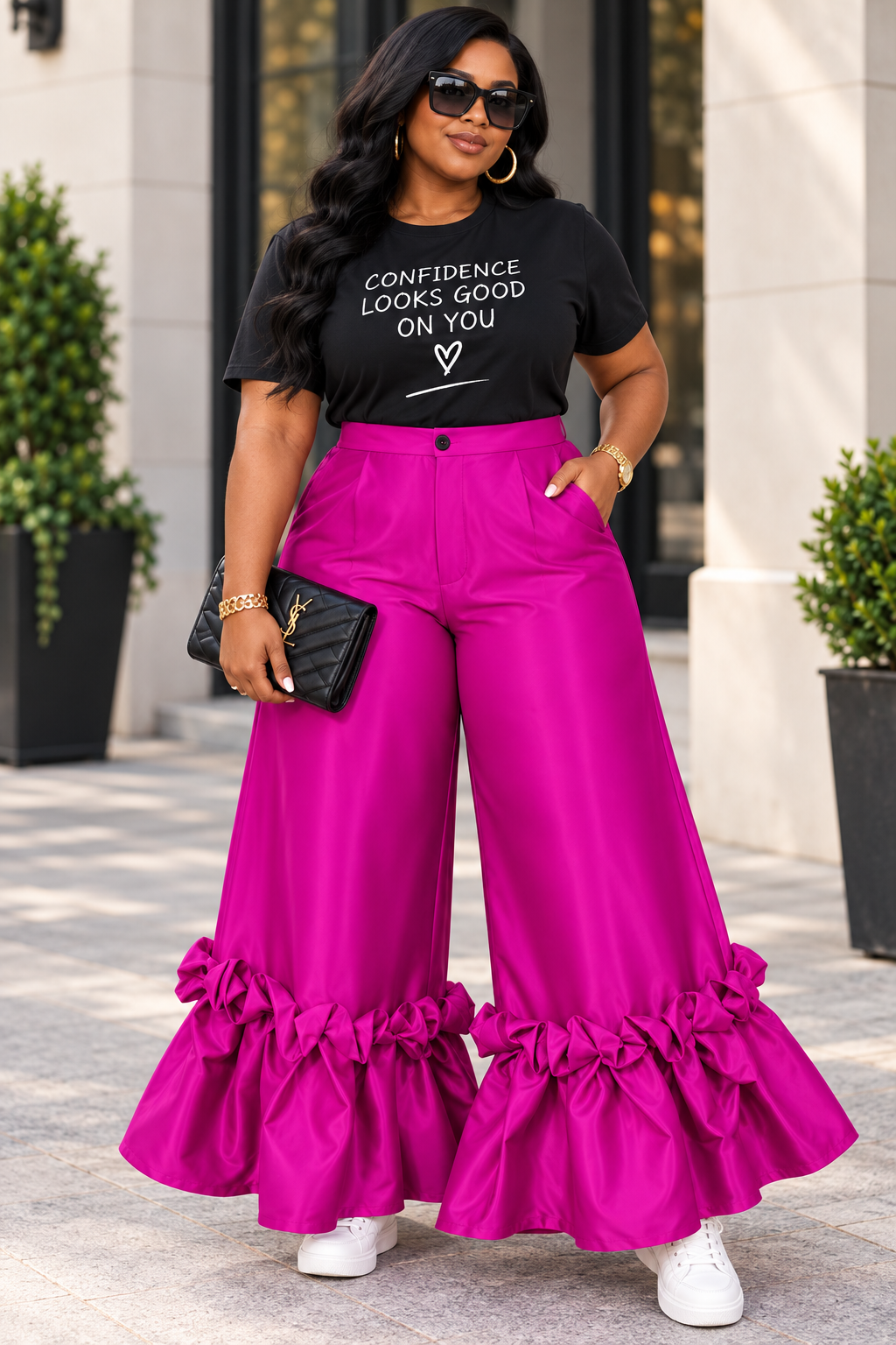 Plus Size Fuchsia High-Waist Wide-Leg Statement Ruffle Pants 1X–3X