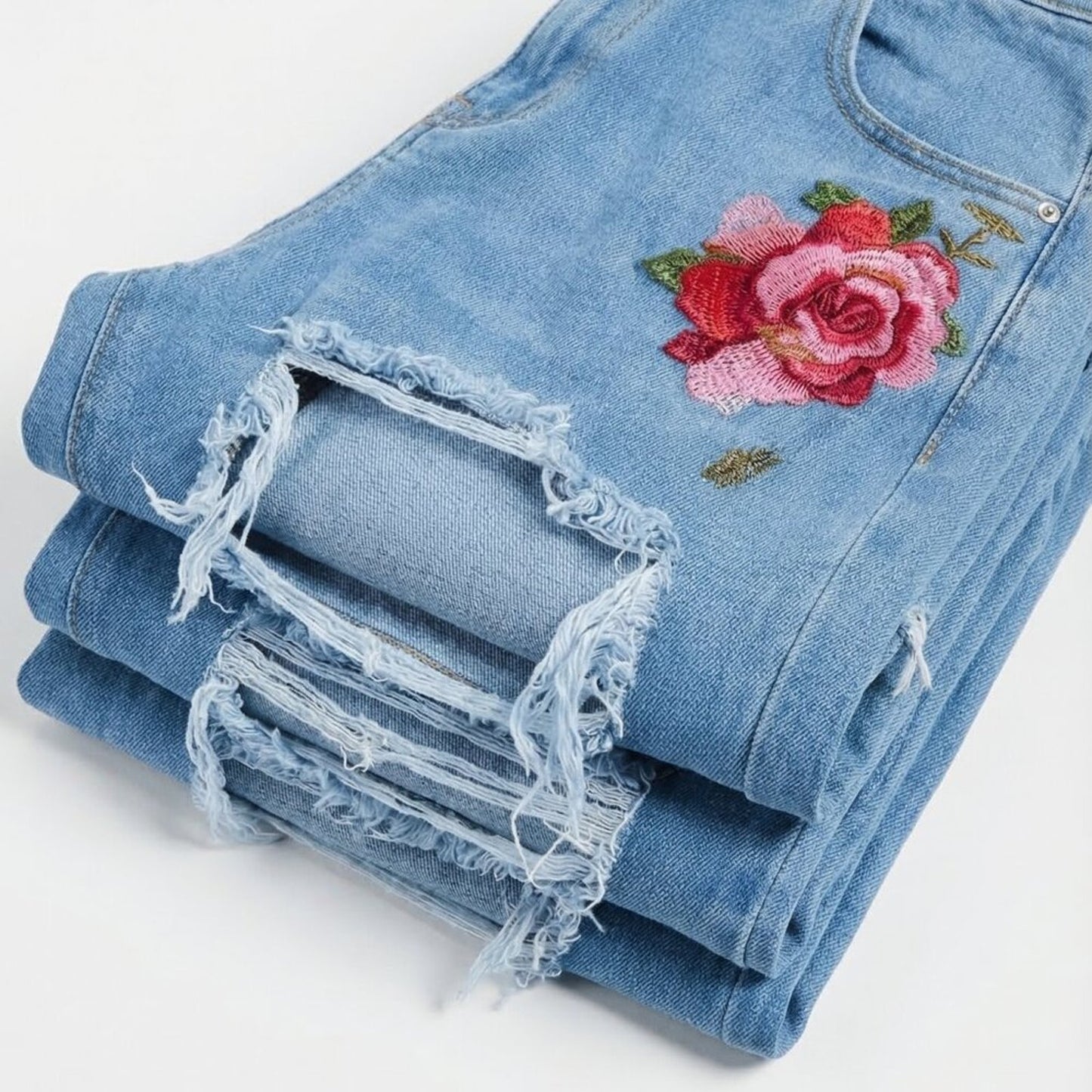 “Street Chic Rose Patch High-Waist Jeans (Size 8)”