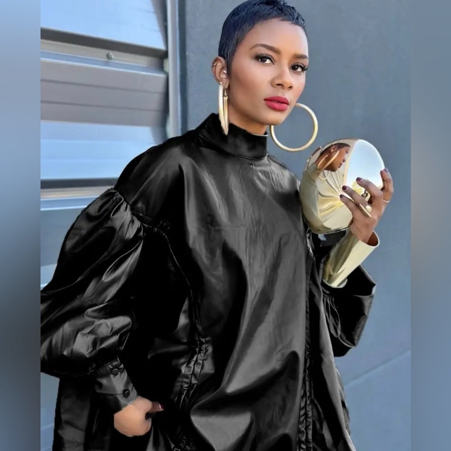 Chic Black Oversized Mock Neck Dress