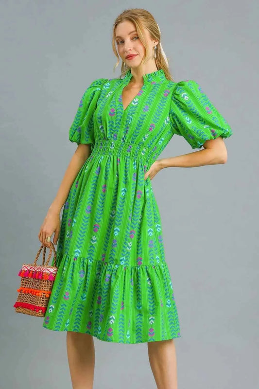 Umgee Printed Midi Dress with Ruffled Hem