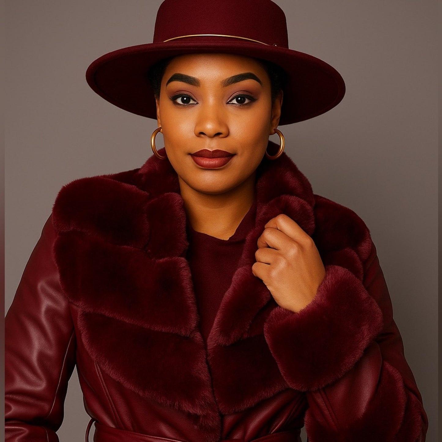 Woman wearing a burgundy fur coat and hat against a gray background