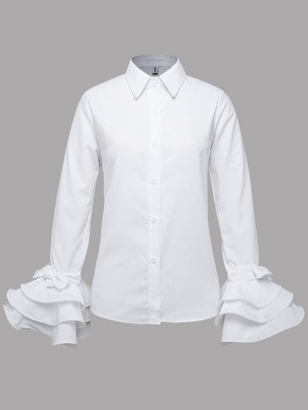 Cotton-Blend Flared Sleeve Bow Falbala Lapel Blouse