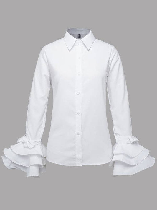 Cotton-Blend Flared Sleeve Bow Falbala Lapel Blouse