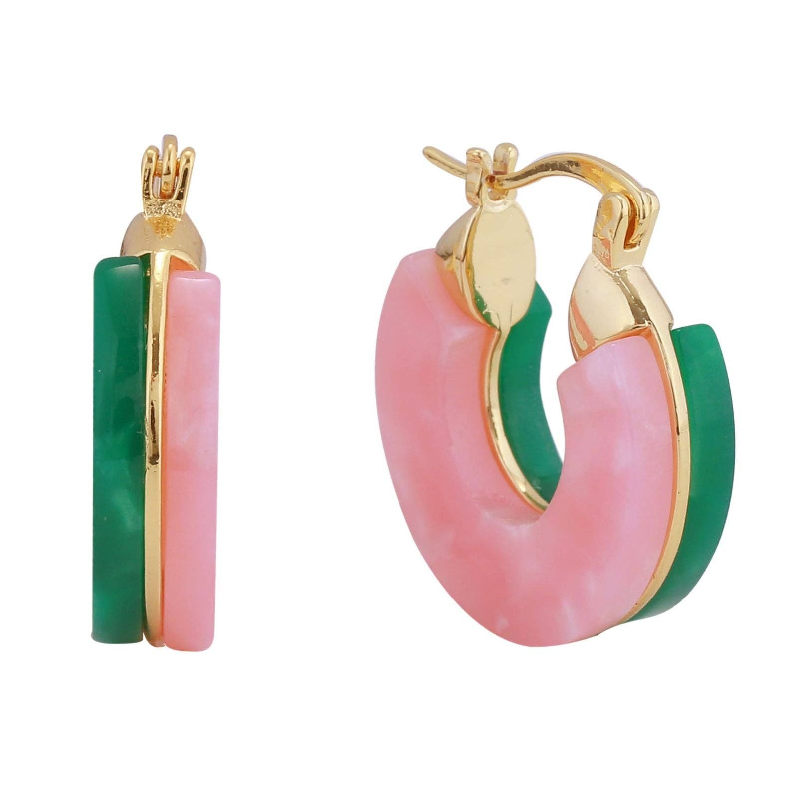 Hoop 14K Gold Marbled Pink Green Earrings Women