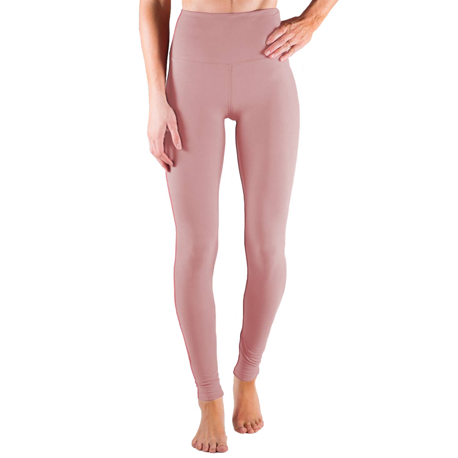 Pink leggings worn by a person on a white background