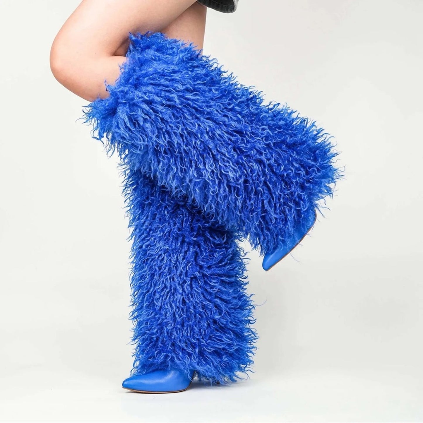 Demure Diamante Faux Fur Knee-High Boots - 4" Heel