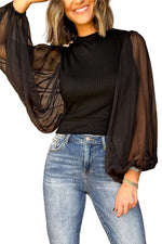 Load image into Gallery viewer, Black Billowy Mesh Lantern Sleeve Ribbed Top
