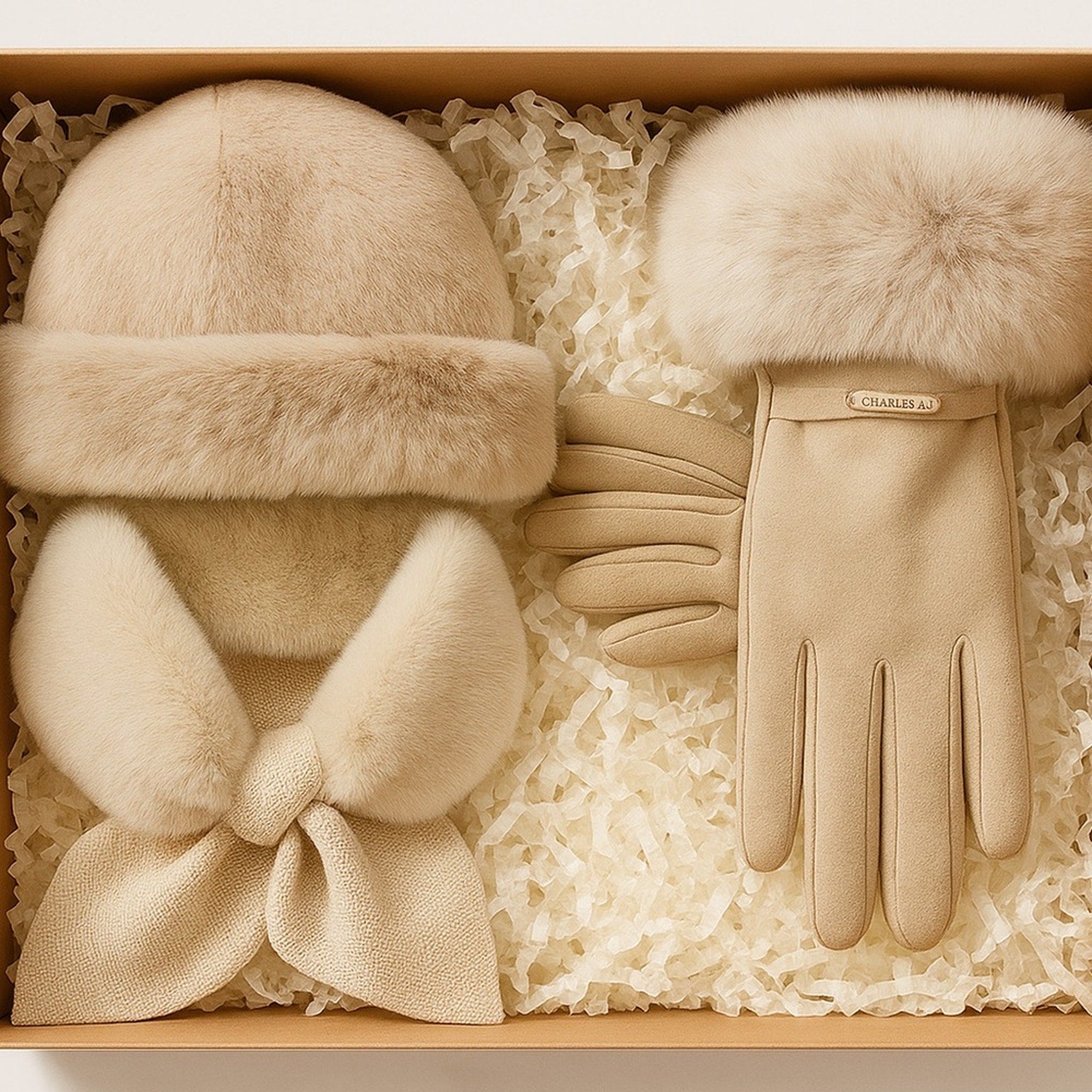 Beige hat, scarf, and gloves set with fur trim in a box