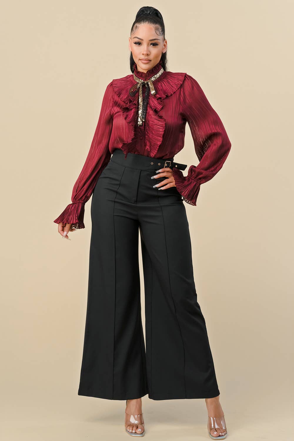 Elegant Burgundy Ruffled Sequins Bow Tie Blouse Top S-L