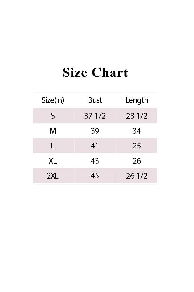 Size chart for clothing with bust and length measurements.
