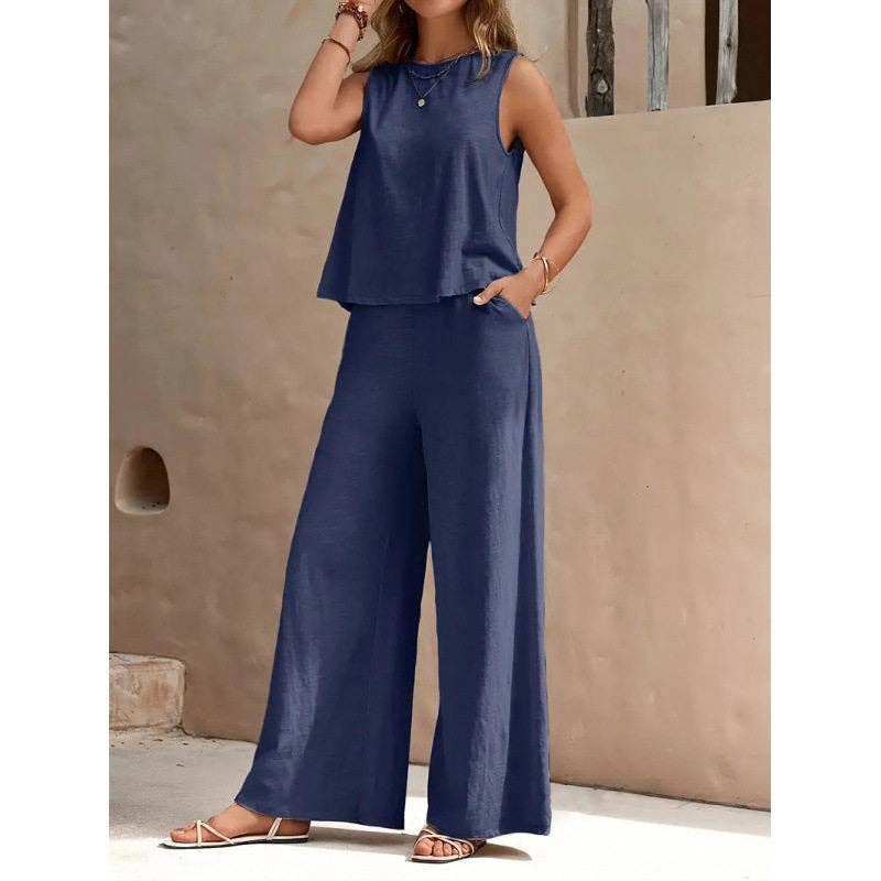 Solid Color Sleeveless Tank Top & Wide-Leg Pants Set