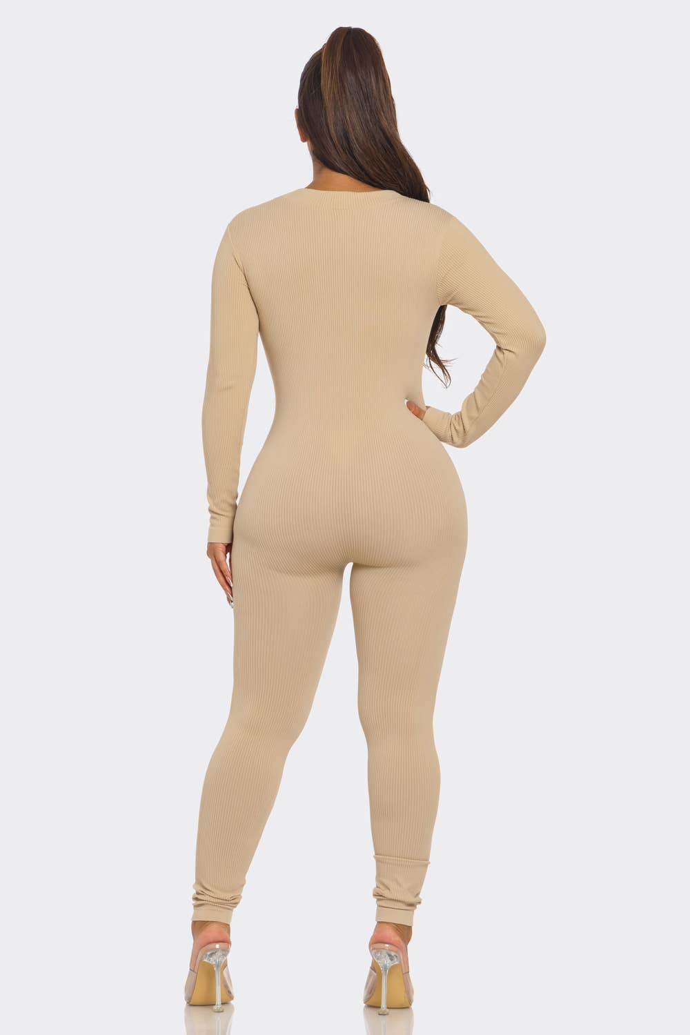 Ribbed Half Zip Long Sleeve Bodycon Jumpsuit