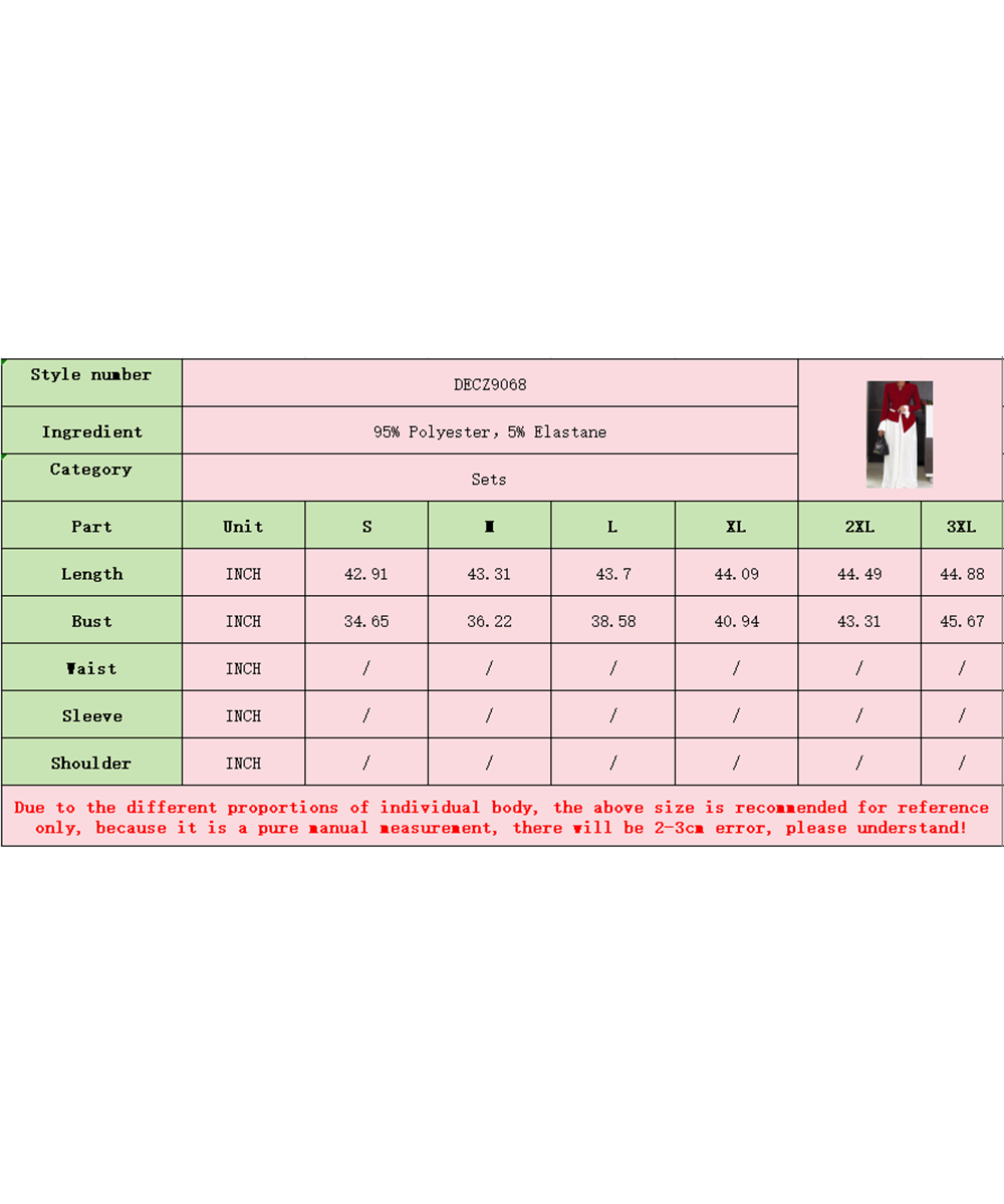 Measurement chart for clothing with size chart and fabric composition details.