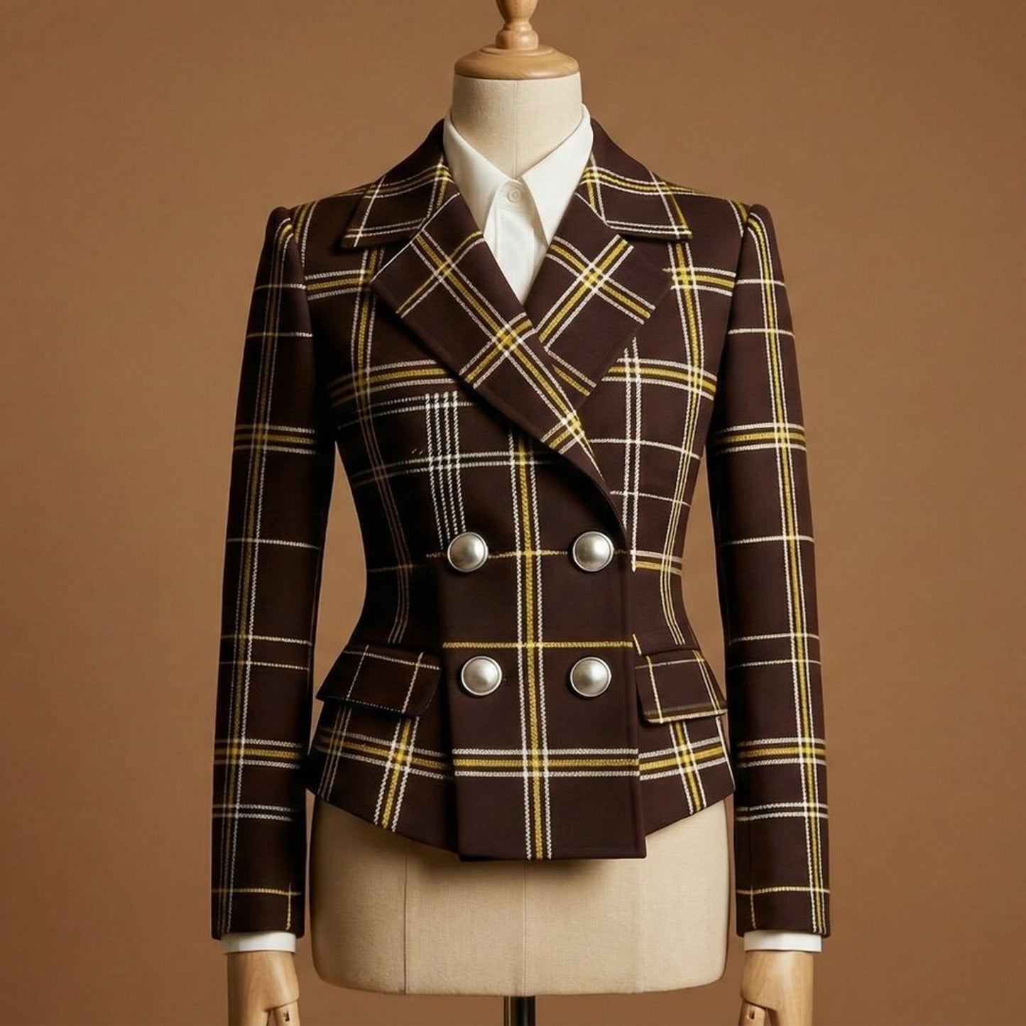 Brown Plaid Double-Breasted Blazer Jacket | Lapel Collar | Fall/Winter