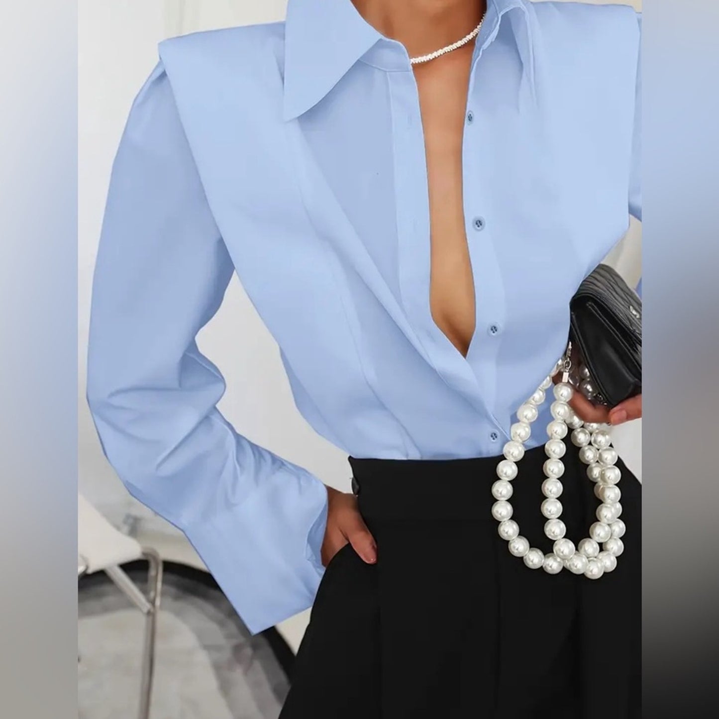 Black Elegant Solid Button Front Shirt - Flattering Lapel