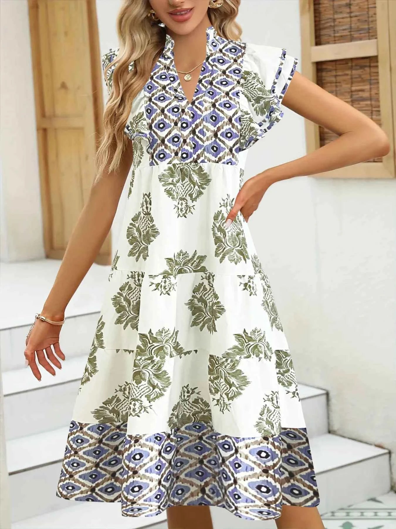 Printed Notched Ruffled Cap Sleeve Dress