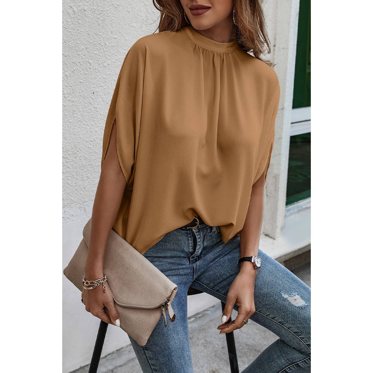 Solid Cape Short Sleeve Loose Top