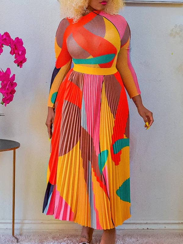 Plus Size Two-Piece Set - Printed Mock Neck Long Sleeve Top & Pleated Skirt