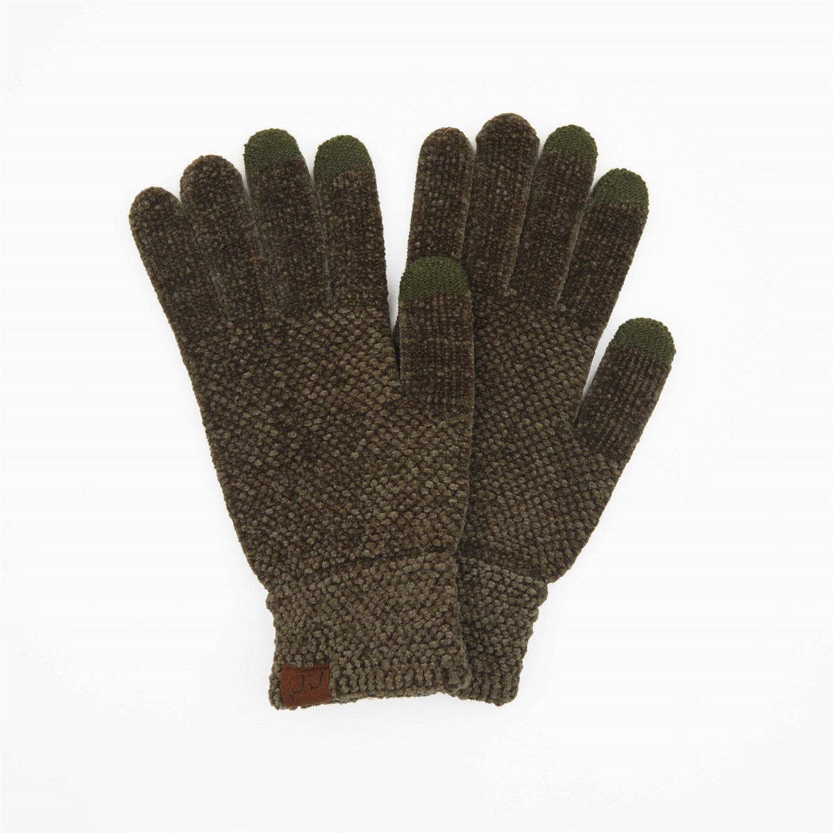 Pair of brown gloves with touchscreen tips on a white background