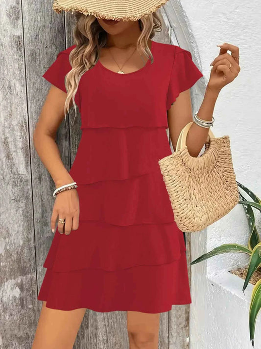 Casual Layered Round Neck Ruffled Sleeve Dress