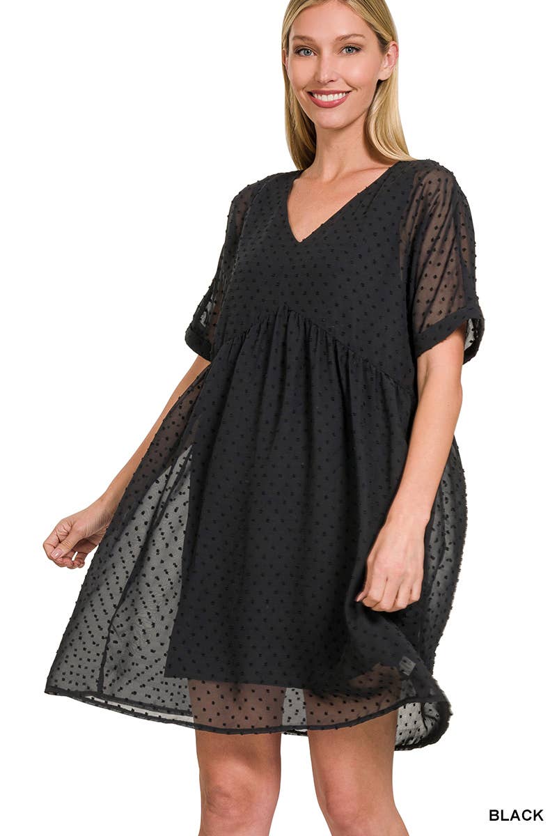 Swiss Dot Babydoll V Neck Dress