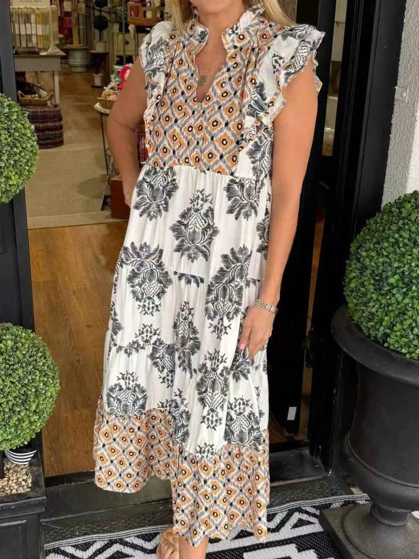 Printed Notched Ruffled Cap Sleeve Dress