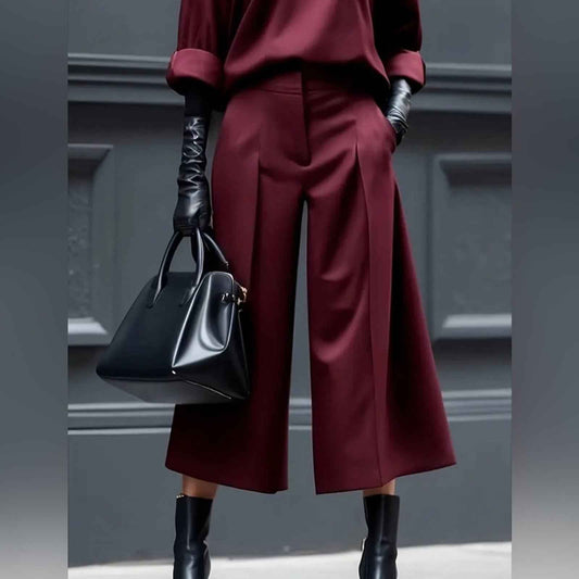 Women’s Elegant Loose Fit Pleated Zipper Fly Polyester Trousers culottes