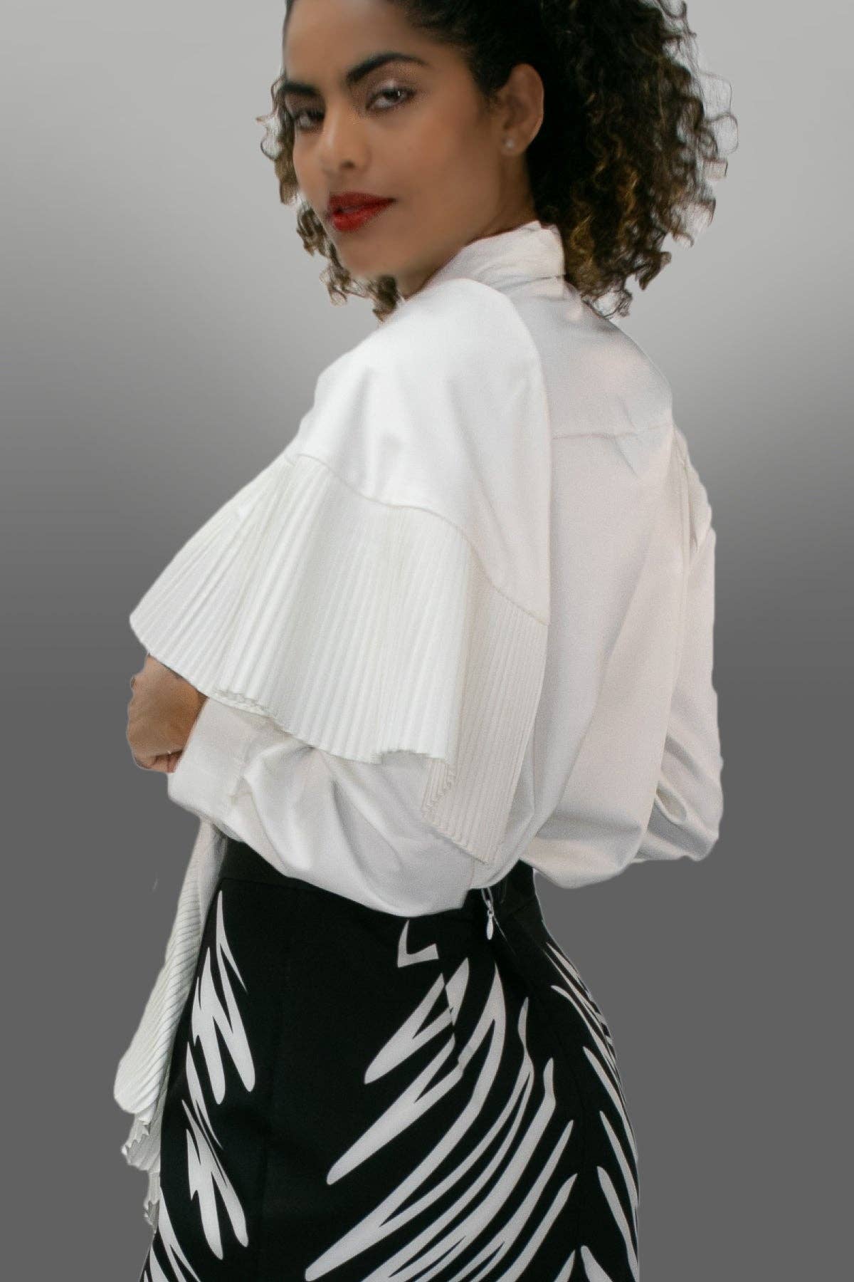 Elegant Pleated Cape Sleeve White Blouse – Sophisticated Statement Top