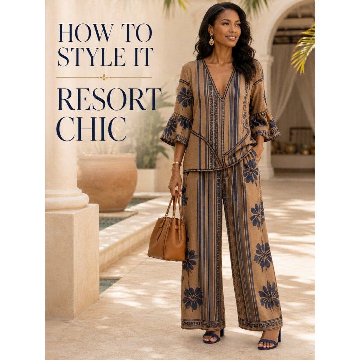 Boho Floral Stripe Bell Sleeve Wide Leg 2-Piece Pantsuit