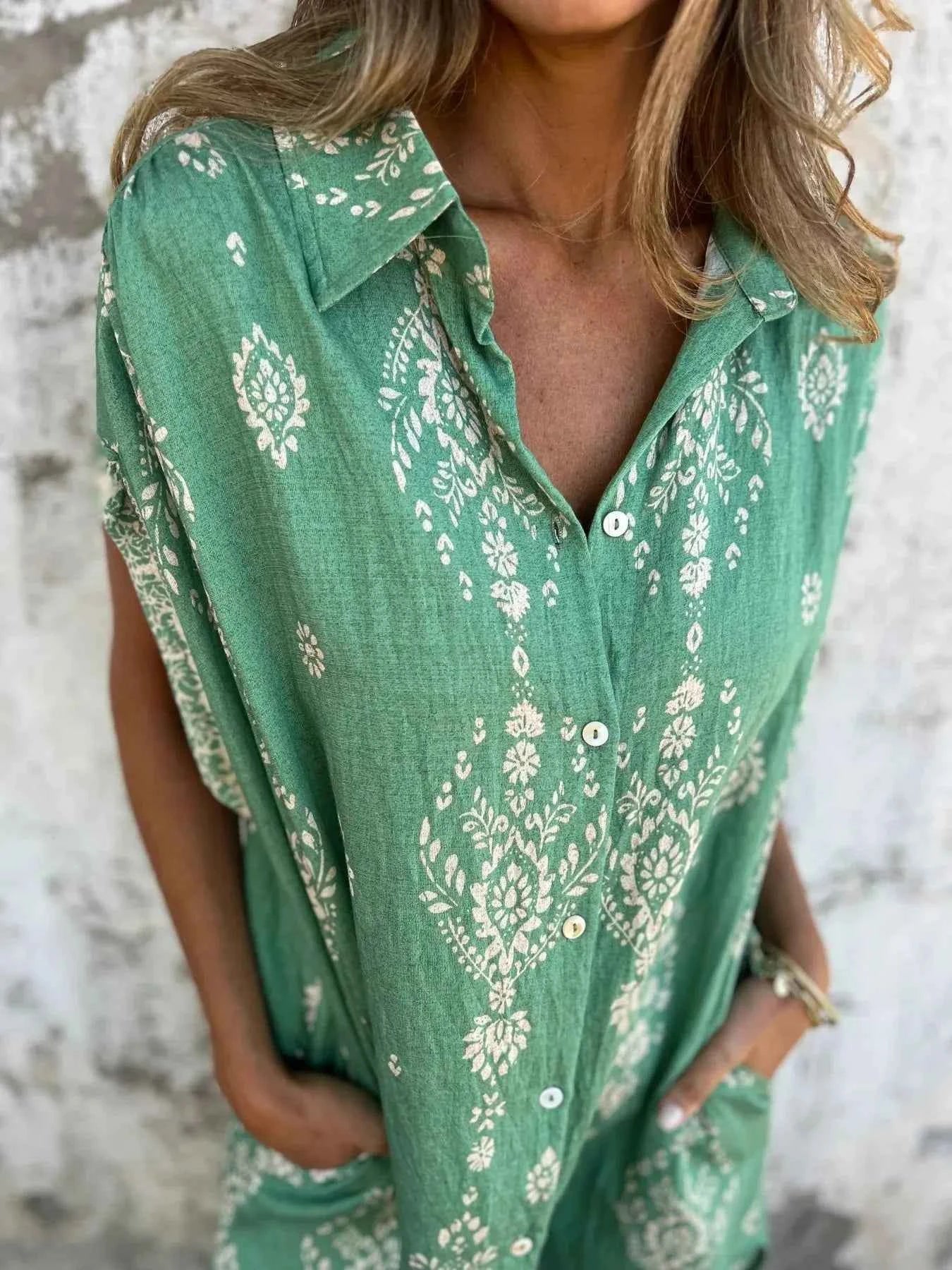 Full Size Printed Short Sleeve Button-Up Shirt Dress Plus Size