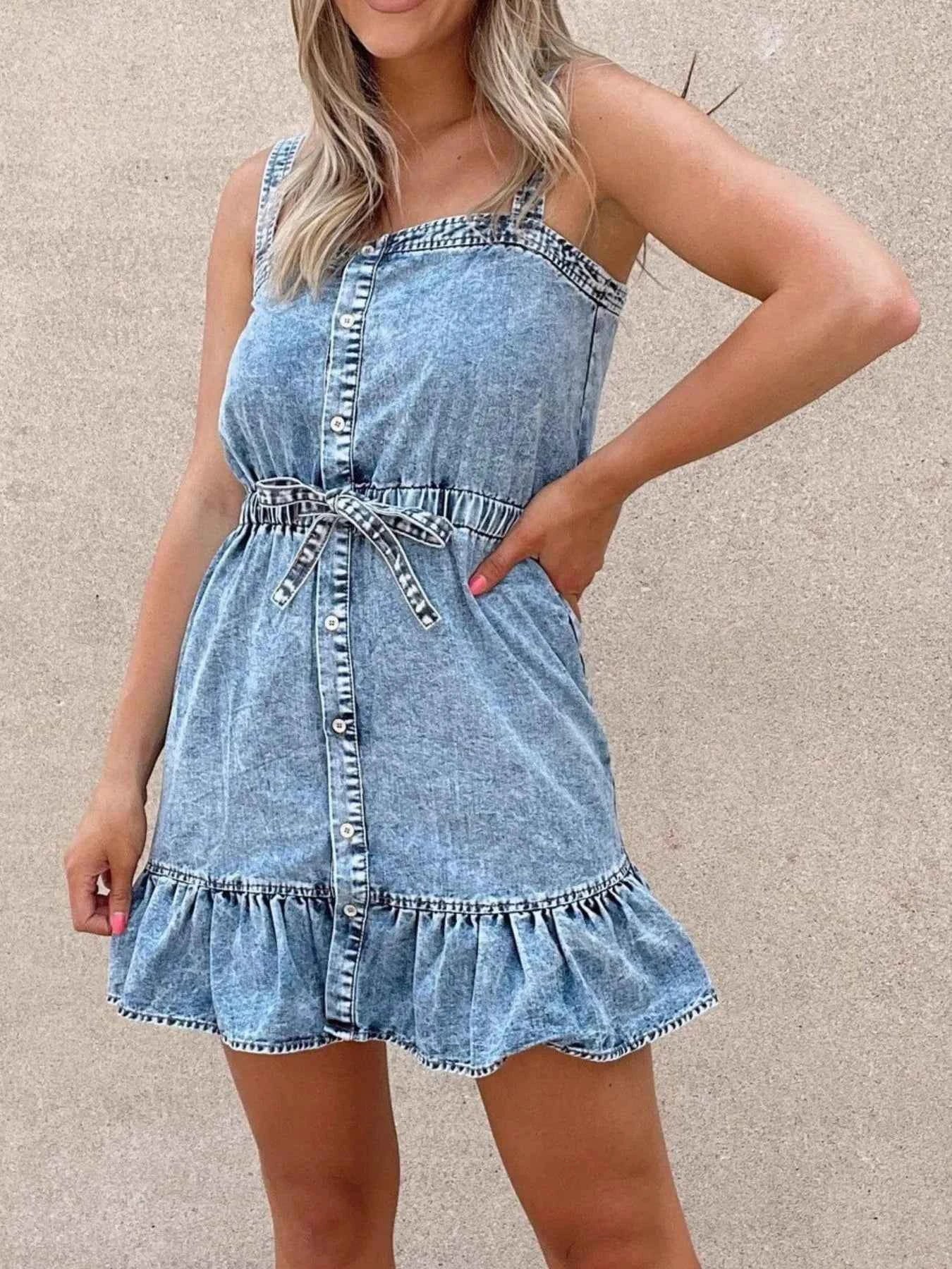 Casual Ruffled Hem Denim Mini Dress with Tie Waist