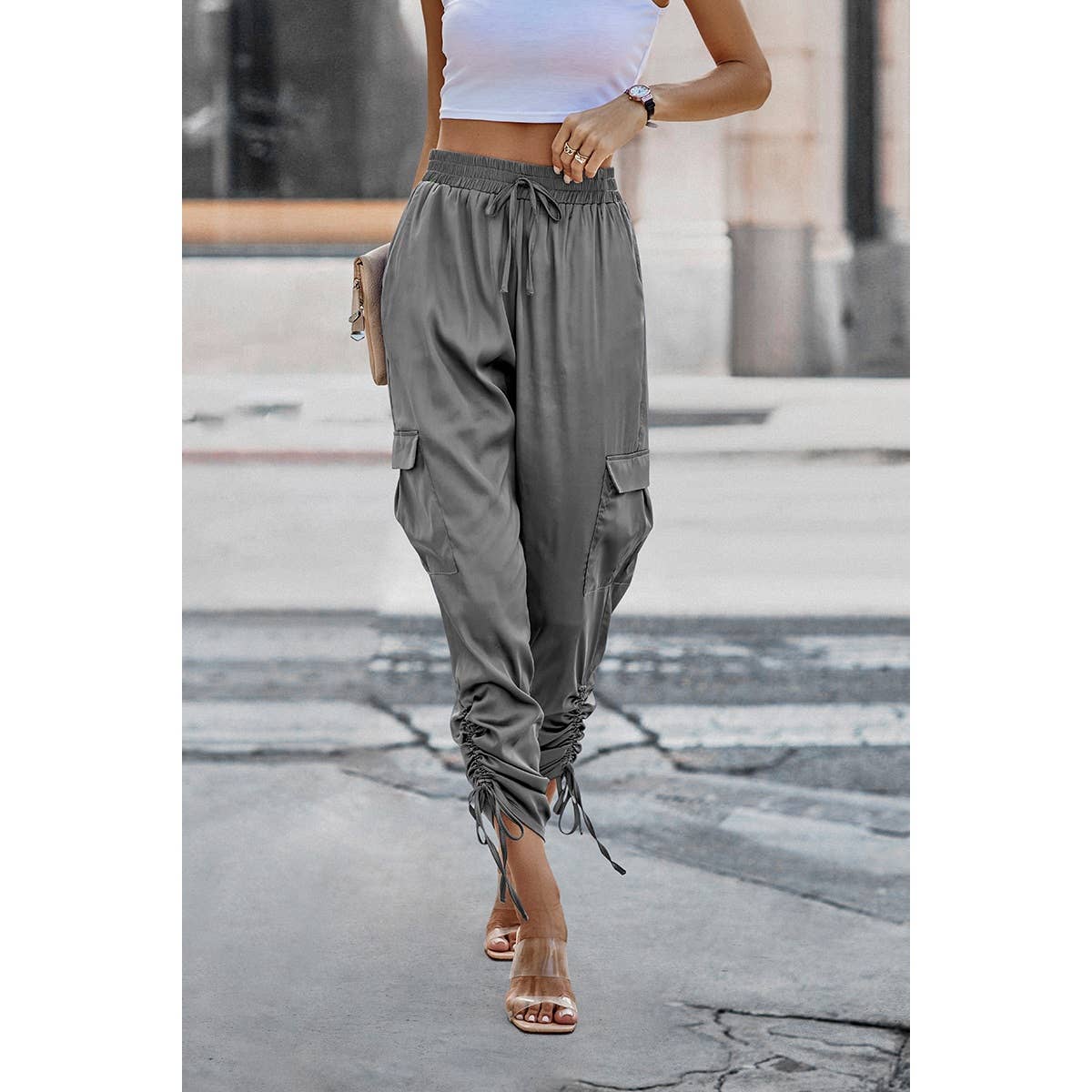 Solid Drawstring Hem Flap Pocket Side Stacked Pants