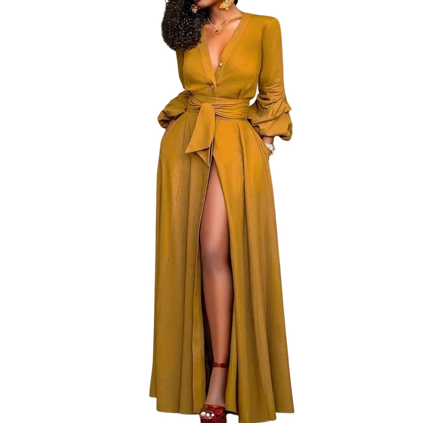Mustard Yellow Shirting Maxi Dress with Belt – Long Sleeve Button-Down (XL)