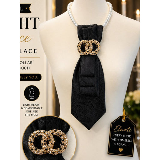 Black Paisley Necktie Necklace with Pearl Collar & Crystal Designer-Inspired Bro