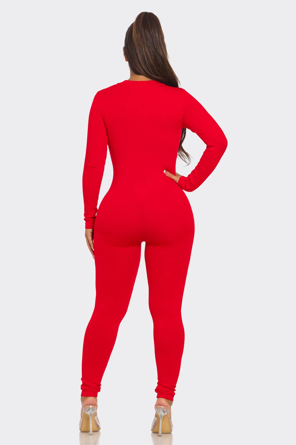 Ribbed Half Zip Long Sleeve Bodycon Jumpsuit