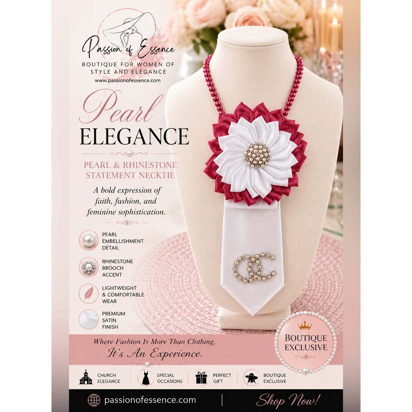Pearl Elegance Pearl & Rhinestone Statement Necktie