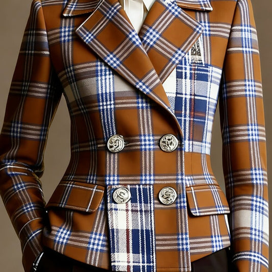 Plus Plaid Double-Breasted Blazer Coat | Lapel, Gold Buttons