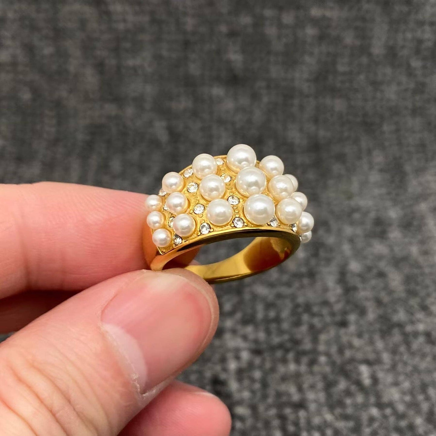 Inlay Pearls & CZ 18K Gold Plated Stainless Steel Ring