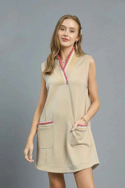 Umgee Frill Contrast Trim Sleeveless Mini Dress