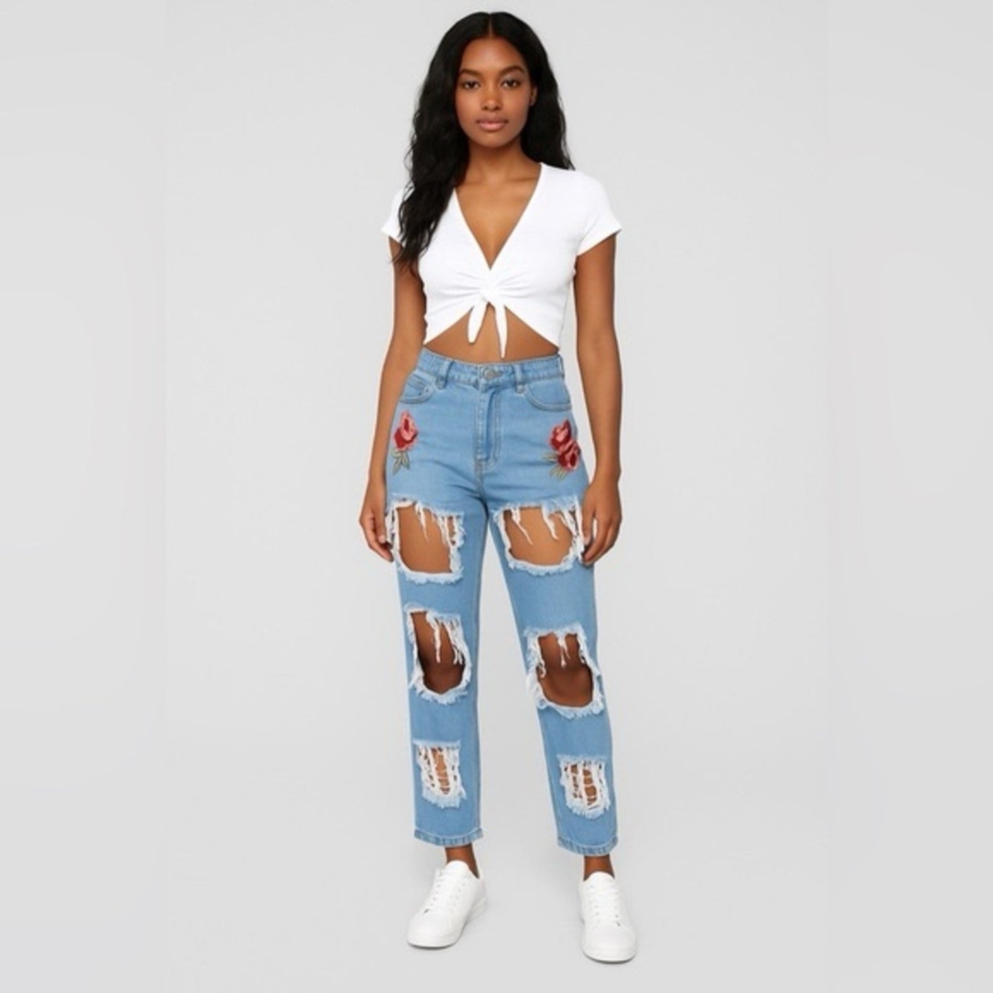 “Street Chic Rose Patch High-Waist Jeans (Size 8)”