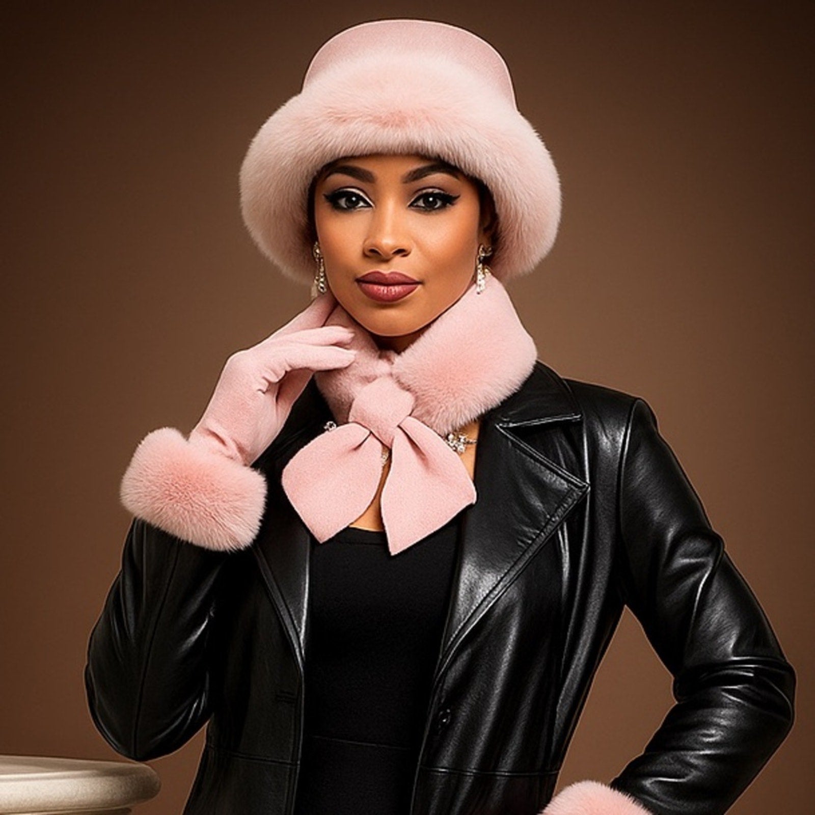 Woman wearing a pink fur hat, scarf, and gloves with a black leather jacket on a brown background