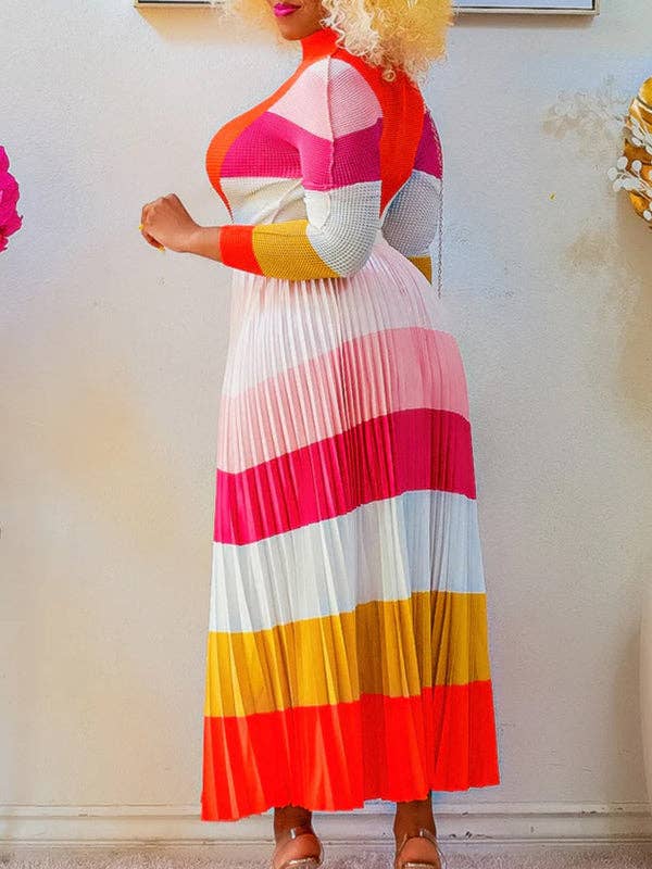 Plus Size Two-Piece Set - Printed Mock Neck Long Sleeve Top & Pleated Skirt