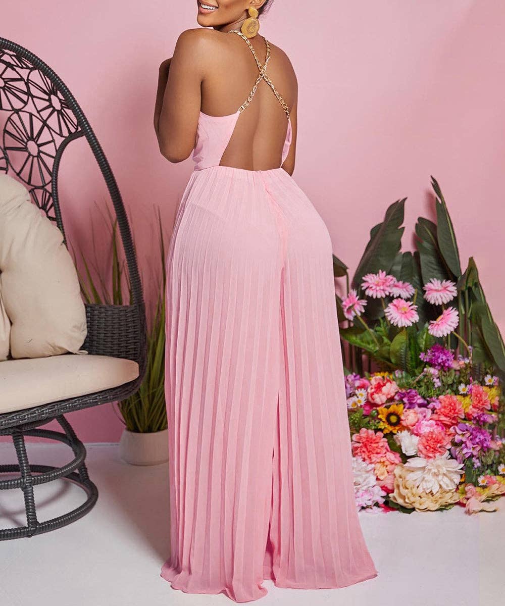 Chain Detail Backless Wide-Leg Jumpsuit