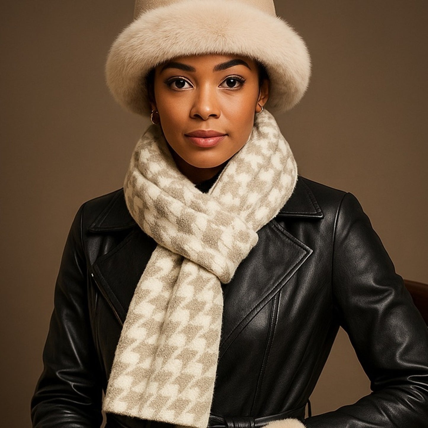 Woman wearing a black leather jacket, beige fur hat, and patterned scarf against a brown background