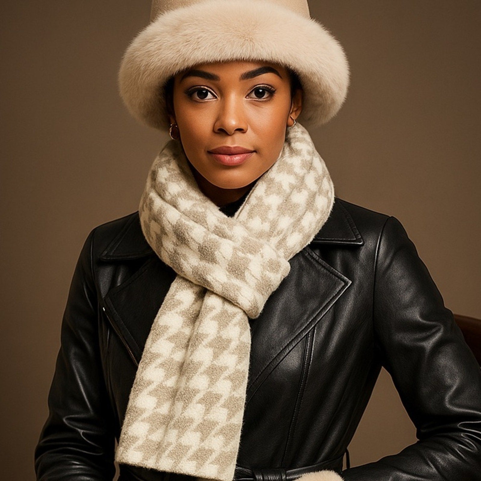 Woman wearing a black leather jacket, beige fur hat, and patterned scarf against a brown background