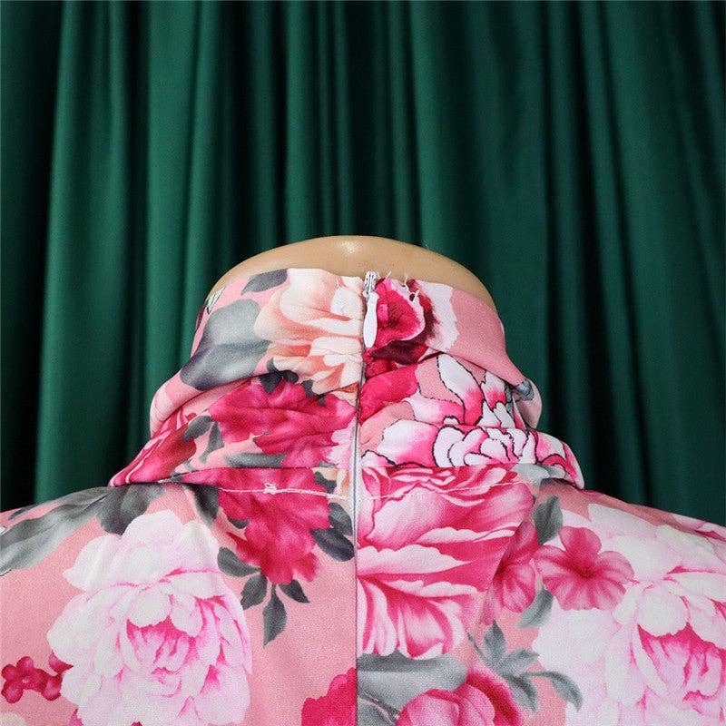 Floral-patterned garment with a green curtain background