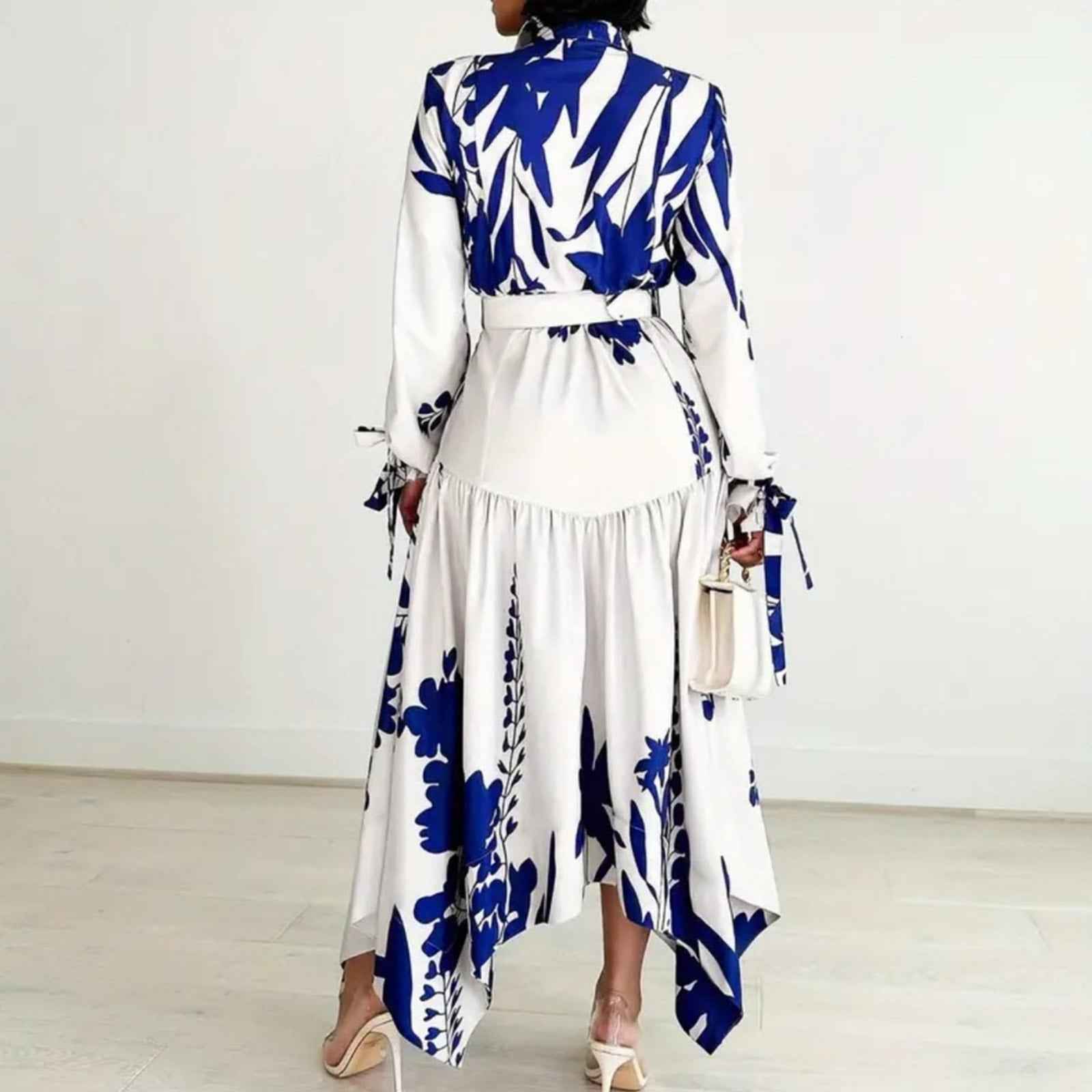 Elegant Blue & White Floral Midi Dress – Belted Button-Up, Long Sleeve,